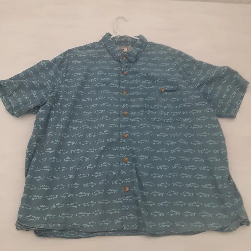 Duluth Trading Co Relaxed Fit Fish Print Button Down Short Sleeve Shirt Mens 2XL